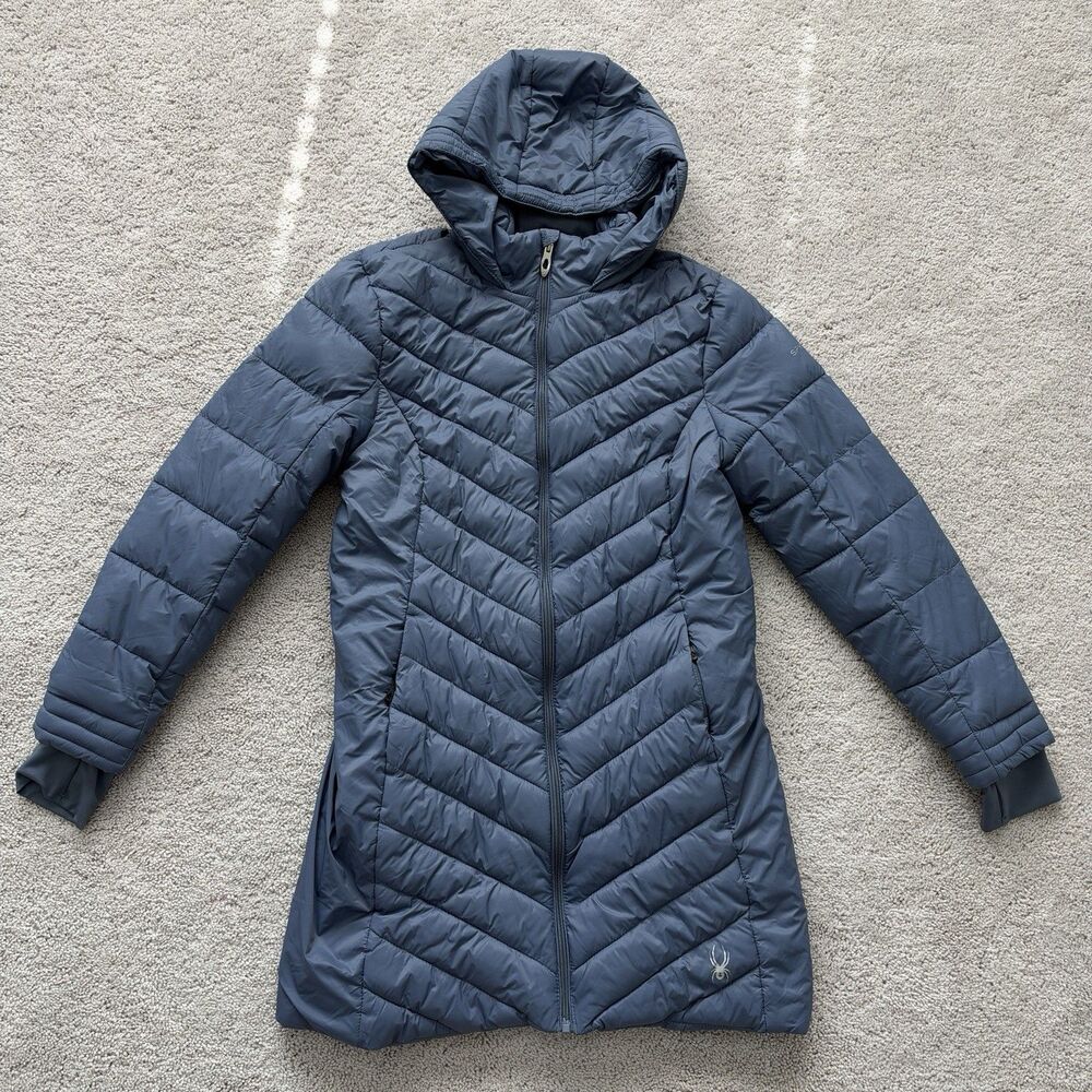 New Spyder Boundless Puffer Hooded Jacket Wmns Medium Dark Cloud Blue $229 SRP